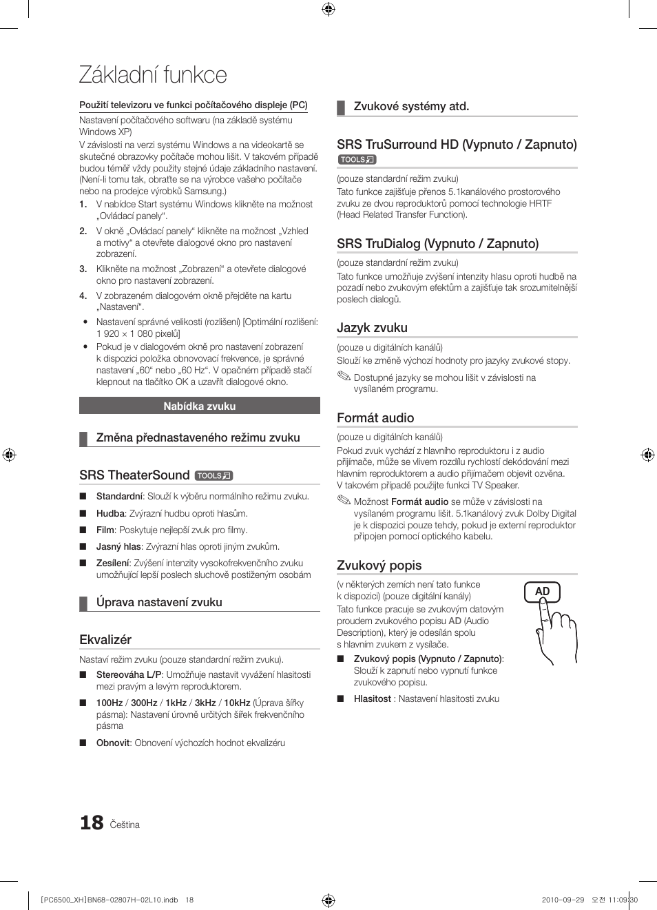 Základní funkce, Srs theatersound, Ekvalizér | Srs trusurround hd (vypnuto / zapnuto), Srs trudialog (vypnuto / zapnuto), Jazyk zvuku, Formát audio, Zvukový popis | Samsung PS50C6500TW User Manual | Page 348 / 551