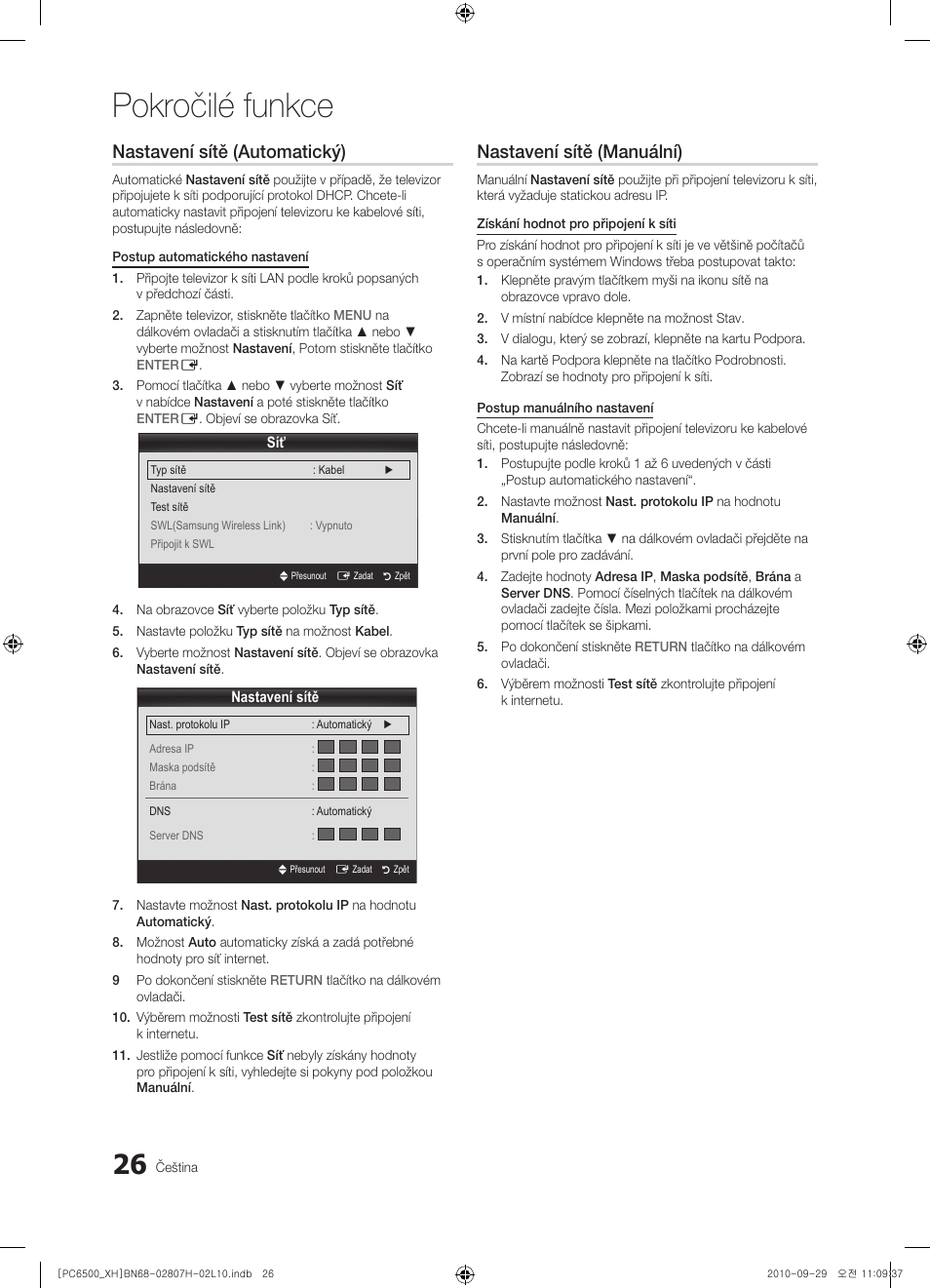 Pokročilé funkce, Nastavení sítě (automatický), Nastavení sítě (manuální) | Samsung PS50C6500TW User Manual | Page 356 / 551