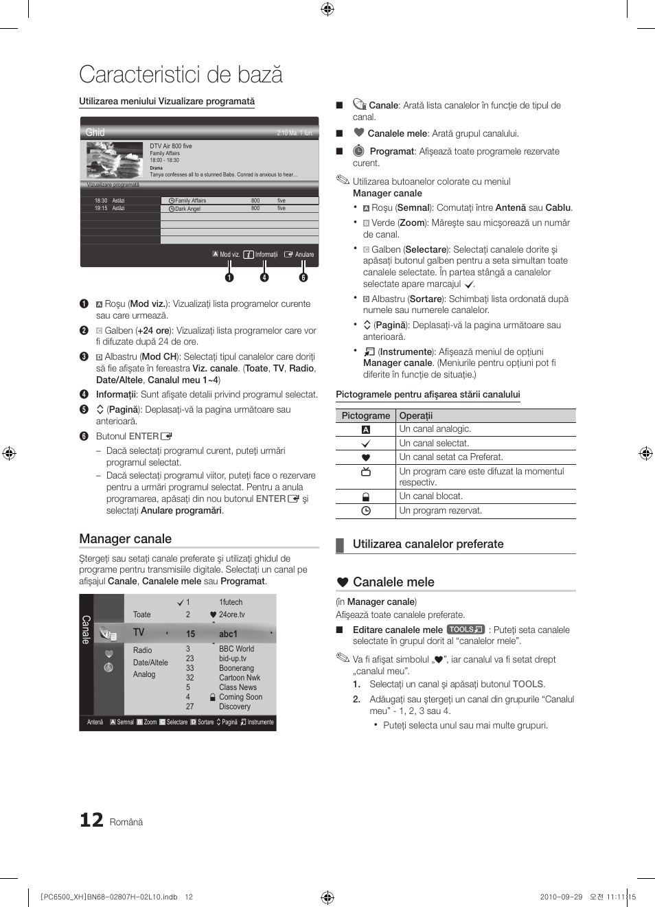 Caracteristici de bază, Manager canale, Canalele mele | Utilizarea canalelor preferate | Samsung PS50C6500TW User Manual | Page 452 / 551