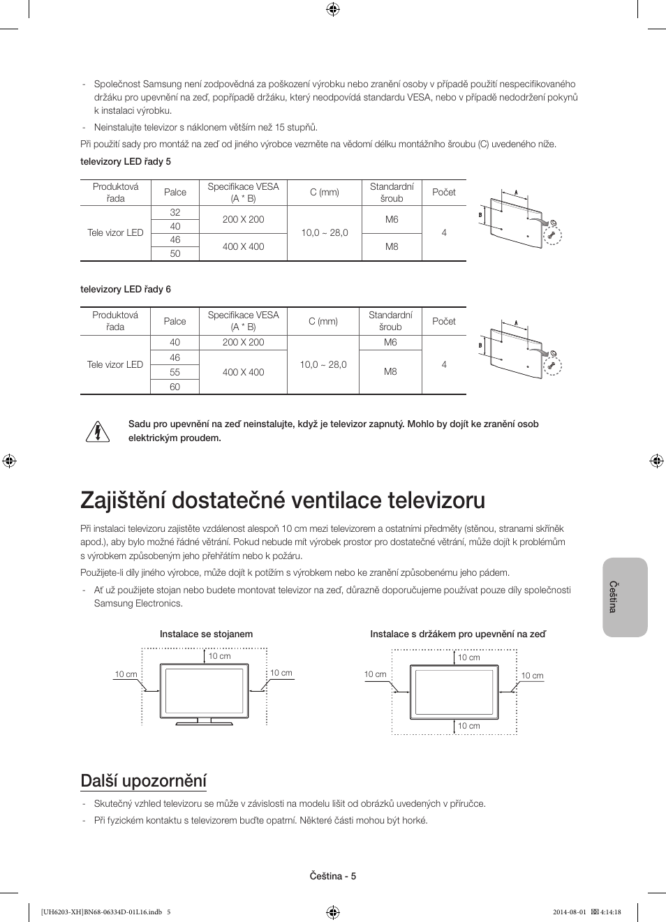 Zajištění dostatečné ventilace televizoru, Další upozornění | Samsung UE46H5303AW User Manual | Page 125 / 322
