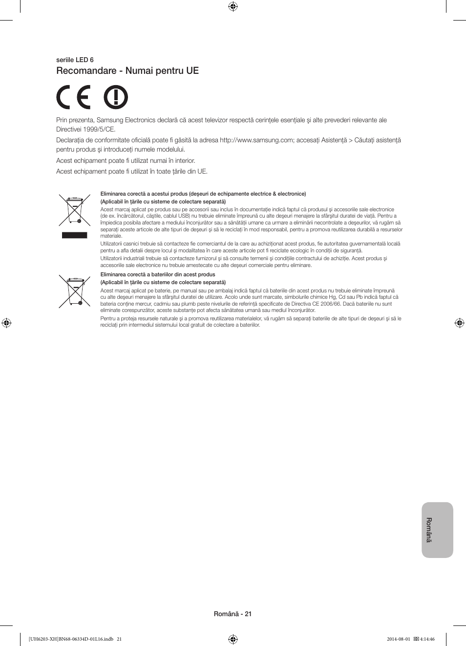 Recomandare - numai pentru ue | Samsung UE46H5303AW User Manual | Page 181 / 322