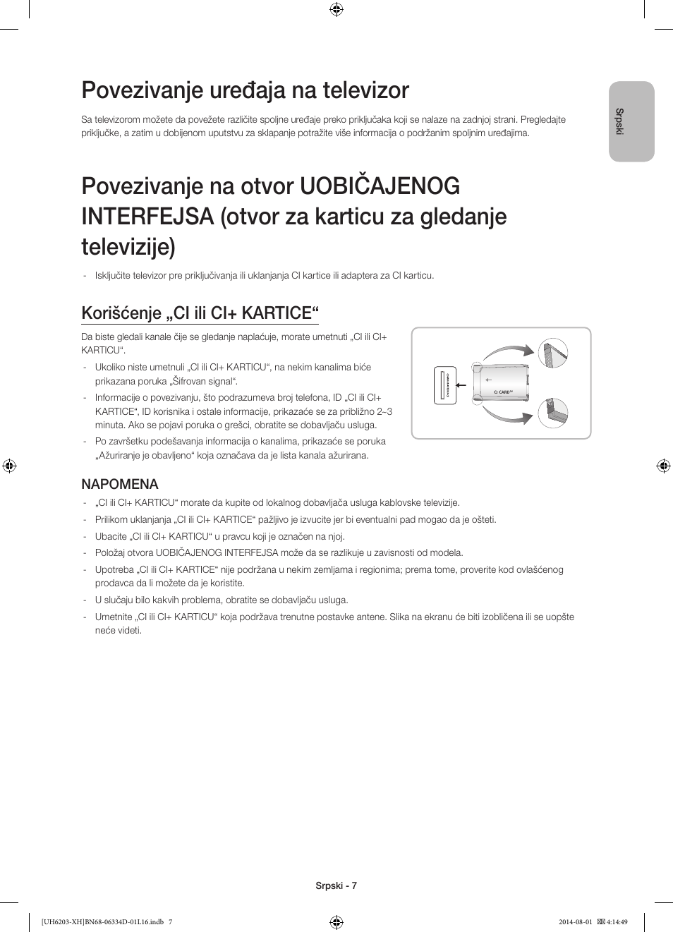 Povezivanje uređaja na televizor, Korišćenje „ci ili ci+ kartice, Napomena | Samsung UE46H5303AW User Manual | Page 187 / 322