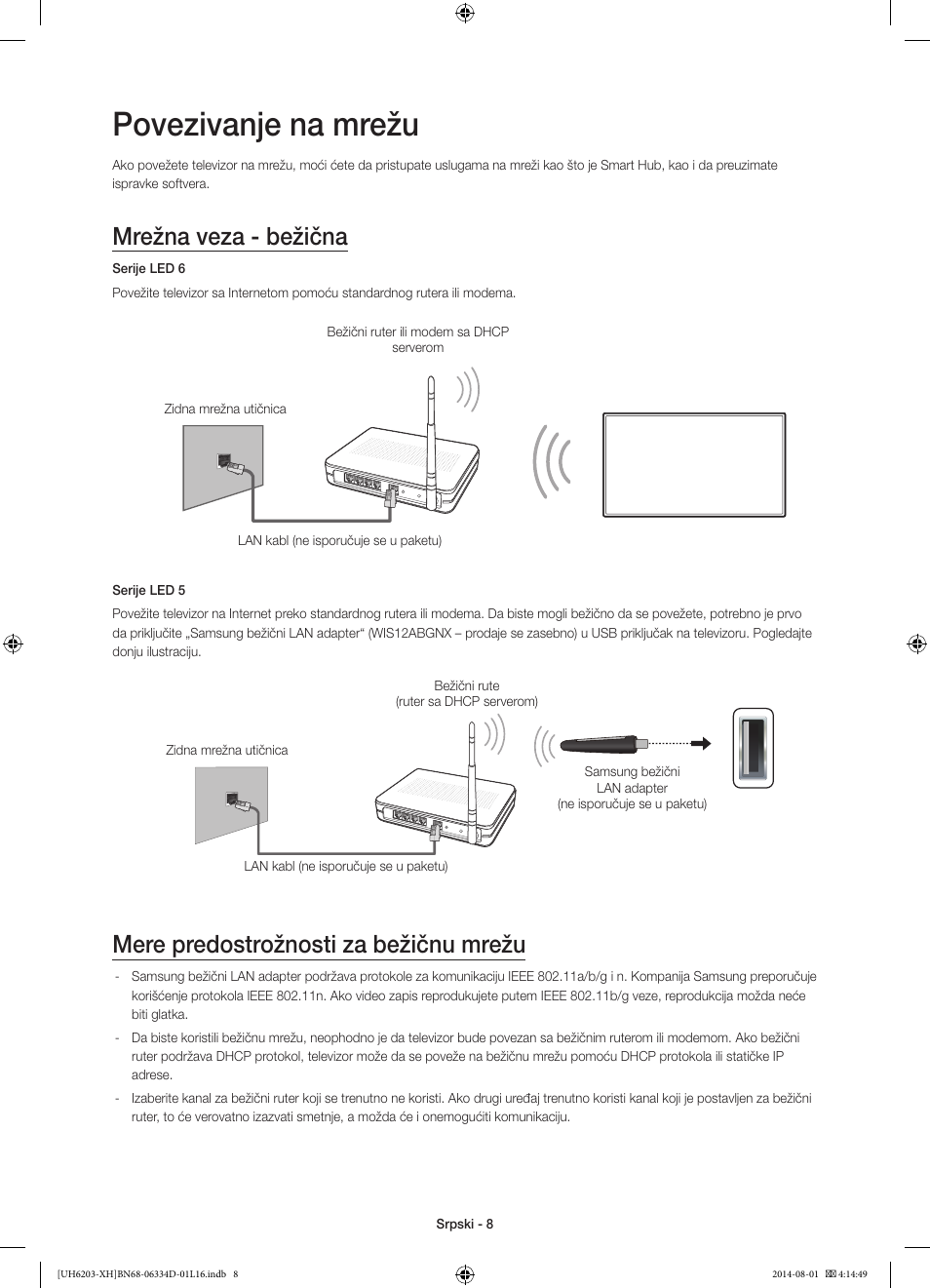 Povezivanje na mrežu, Mrežna veza - bežična, Mere predostrožnosti za bežičnu mrežu | Samsung UE46H5303AW User Manual | Page 188 / 322