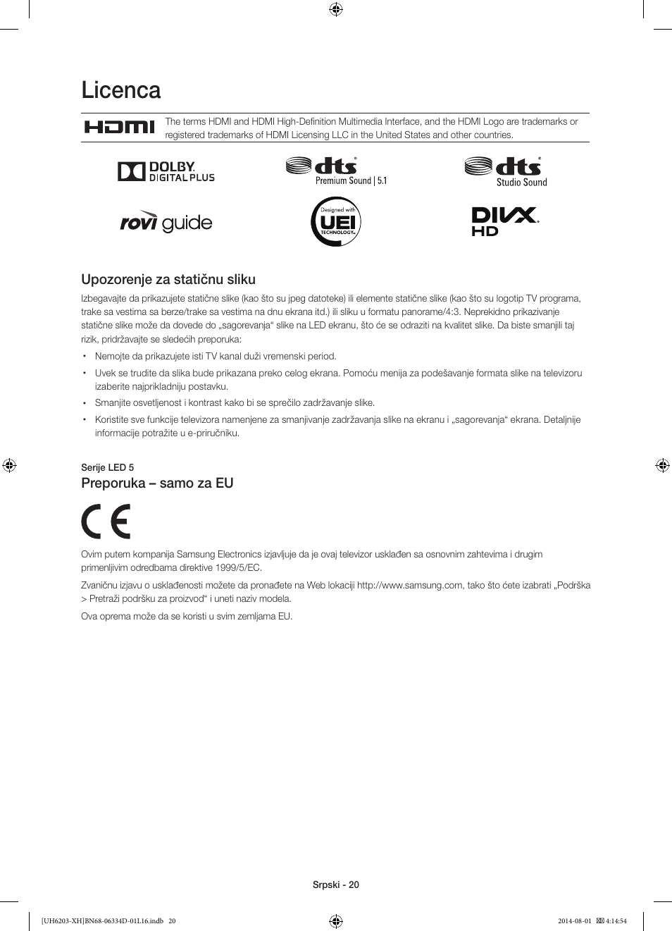 Licenca, Upozorenje za statičnu sliku, Preporuka – samo za eu | Samsung UE46H5303AW User Manual | Page 200 / 322