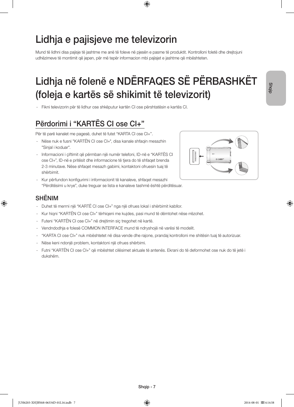 Lidhja e pajisjeve me televizorin, Përdorimi i “kartës ci ose ci, Shënim | Samsung UE46H5303AW User Manual | Page 207 / 322