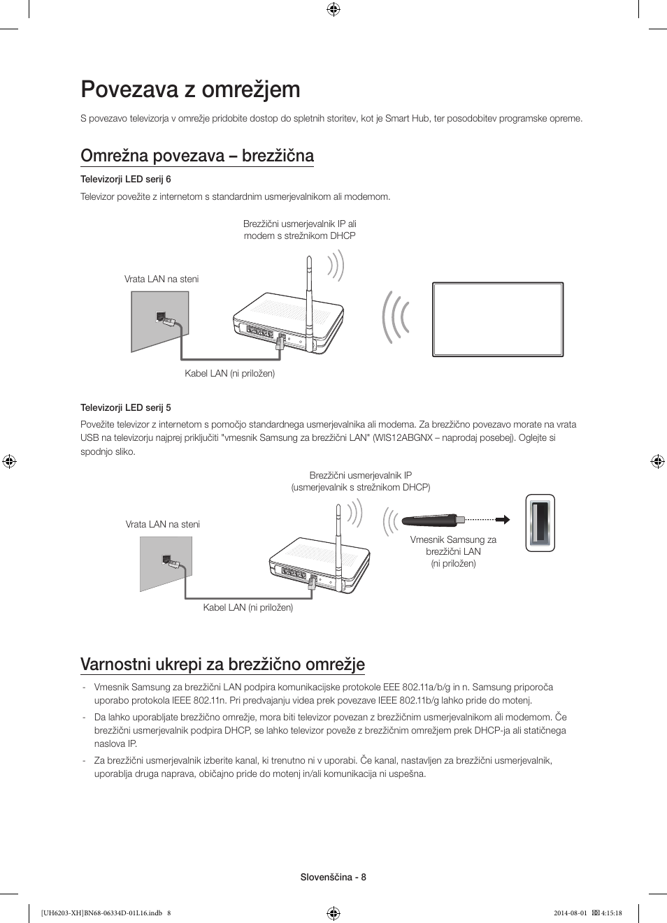 Povezava z omrežjem, Omrežna povezava – brezžična, Varnostni ukrepi za brezžično omrežje | Samsung UE46H5303AW User Manual | Page 248 / 322