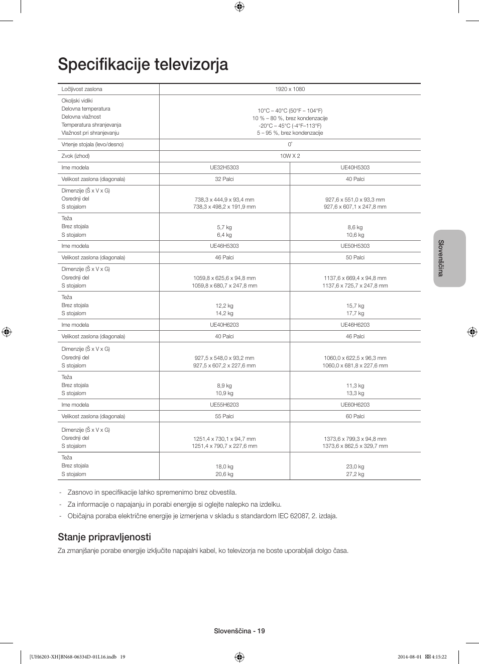 Specifikacije televizorja, Stanje pripravljenosti | Samsung UE46H5303AW User Manual | Page 259 / 322