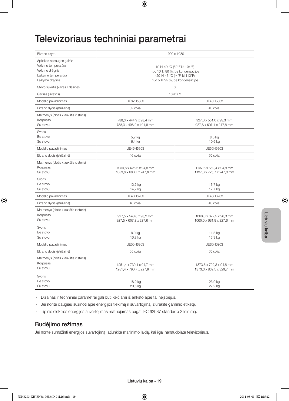 Televizoriaus techniniai parametrai, Budėjimo režimas | Samsung UE46H5303AW User Manual | Page 299 / 322