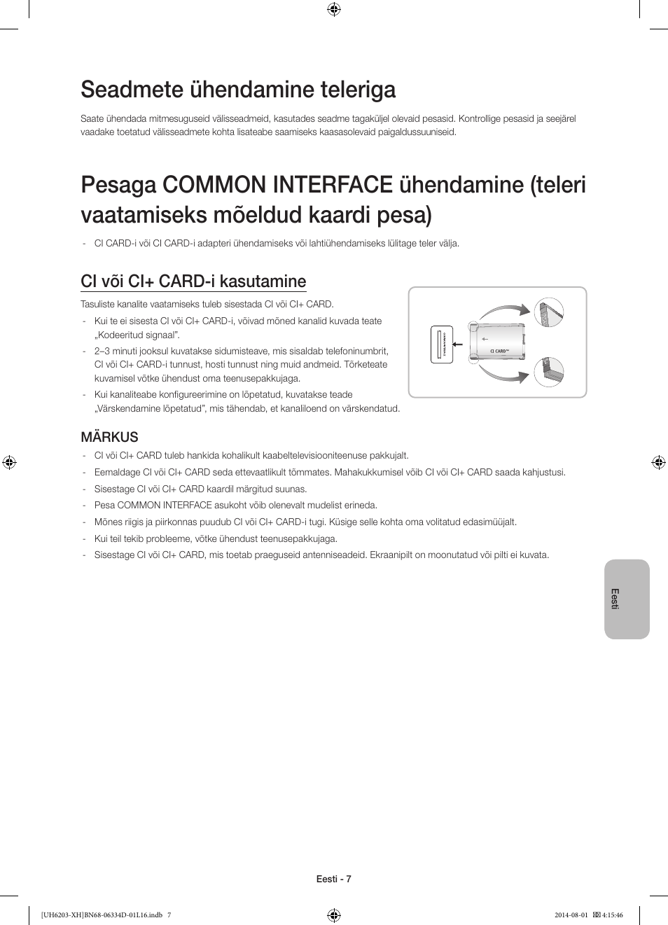 Seadmete ühendamine teleriga, Ci või ci+ card-i kasutamine, Märkus | Samsung UE46H5303AW User Manual | Page 307 / 322