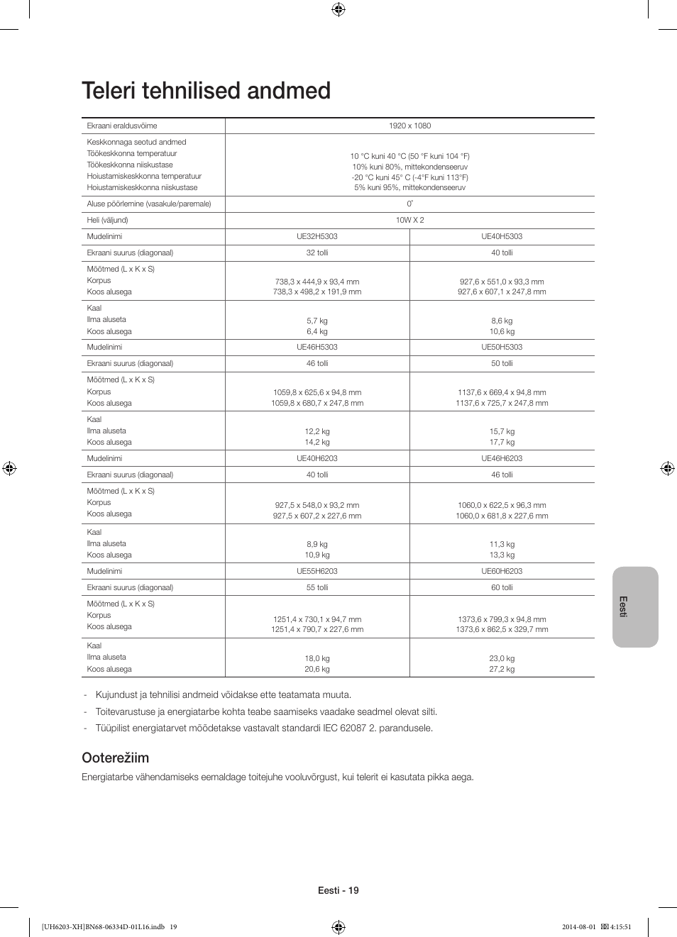 Teleri tehnilised andmed, Ooterežiim | Samsung UE46H5303AW User Manual | Page 319 / 322