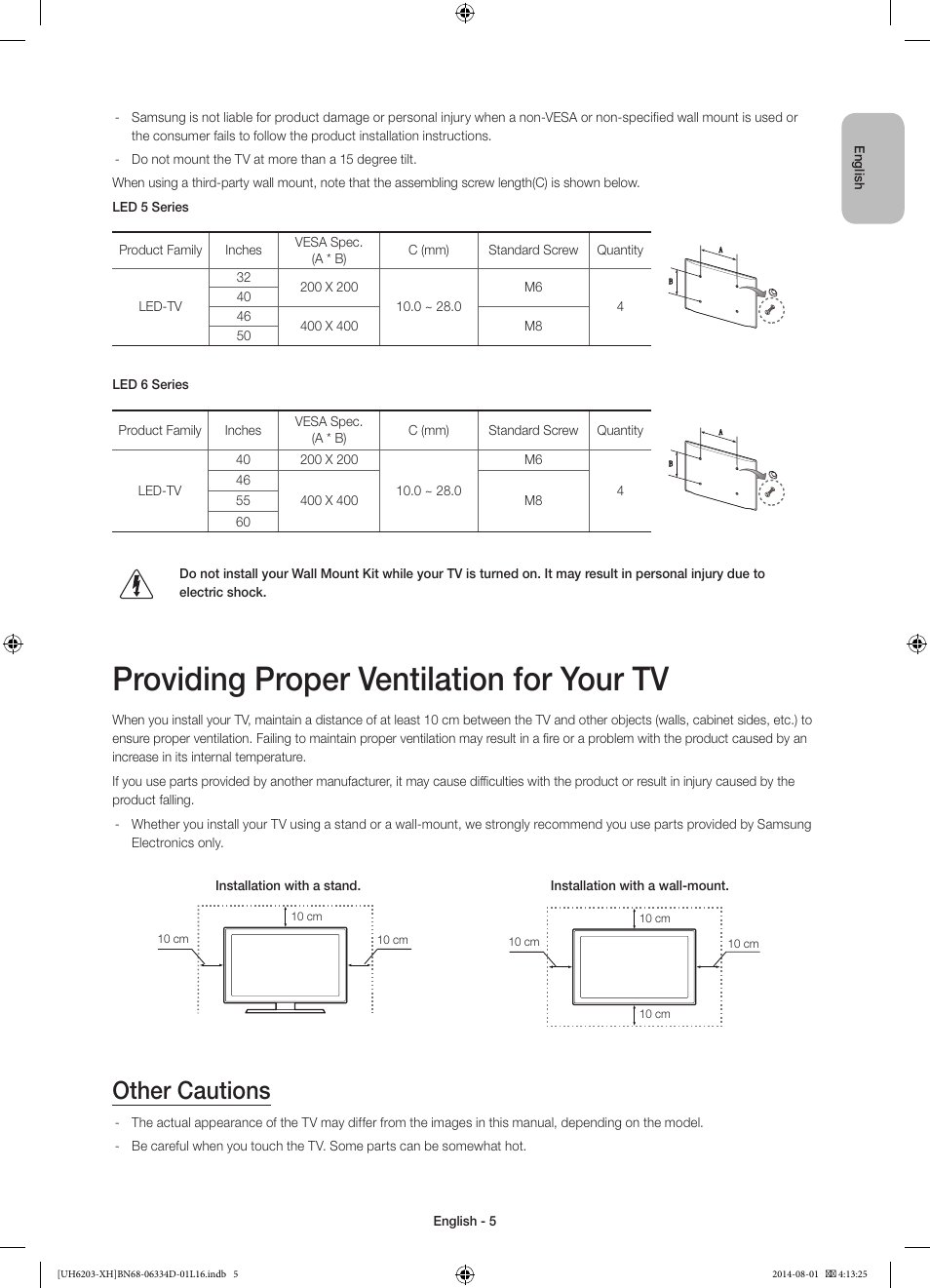 Providing proper ventilation for your tv, Other cautions | Samsung UE46H5303AW User Manual | Page 5 / 322