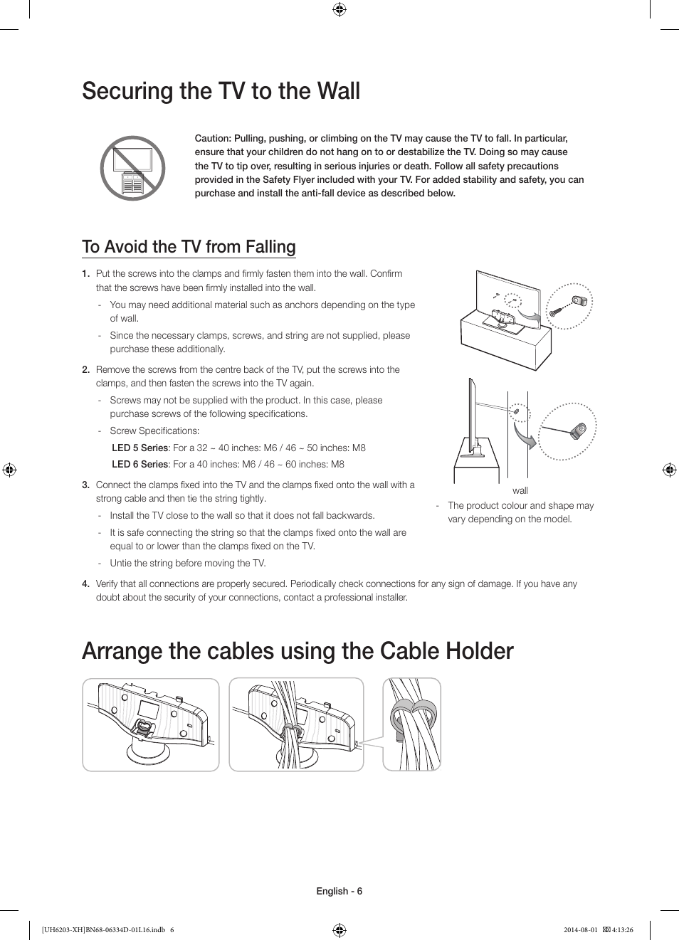 Securing the tv to the wall, Arrange the cables using the cable holder | Samsung UE46H5303AW User Manual | Page 6 / 322