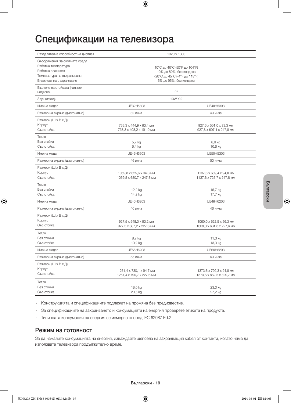 Спецификации на телевизора, Режим на готовност | Samsung UE46H5303AW User Manual | Page 99 / 322
