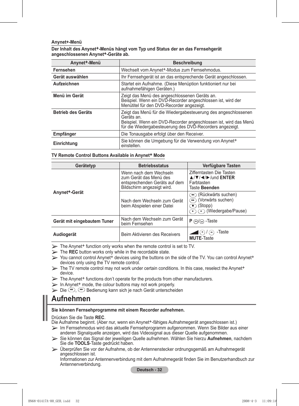 Aufnehmen | Samsung PS50A451P1 User Manual | Page 113 / 483