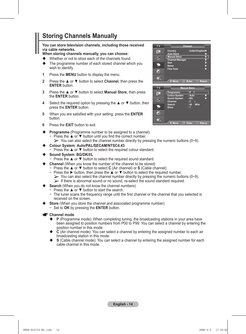 Storing channels manually | Samsung PS50A451P1 User Manual | Page 14 / 483