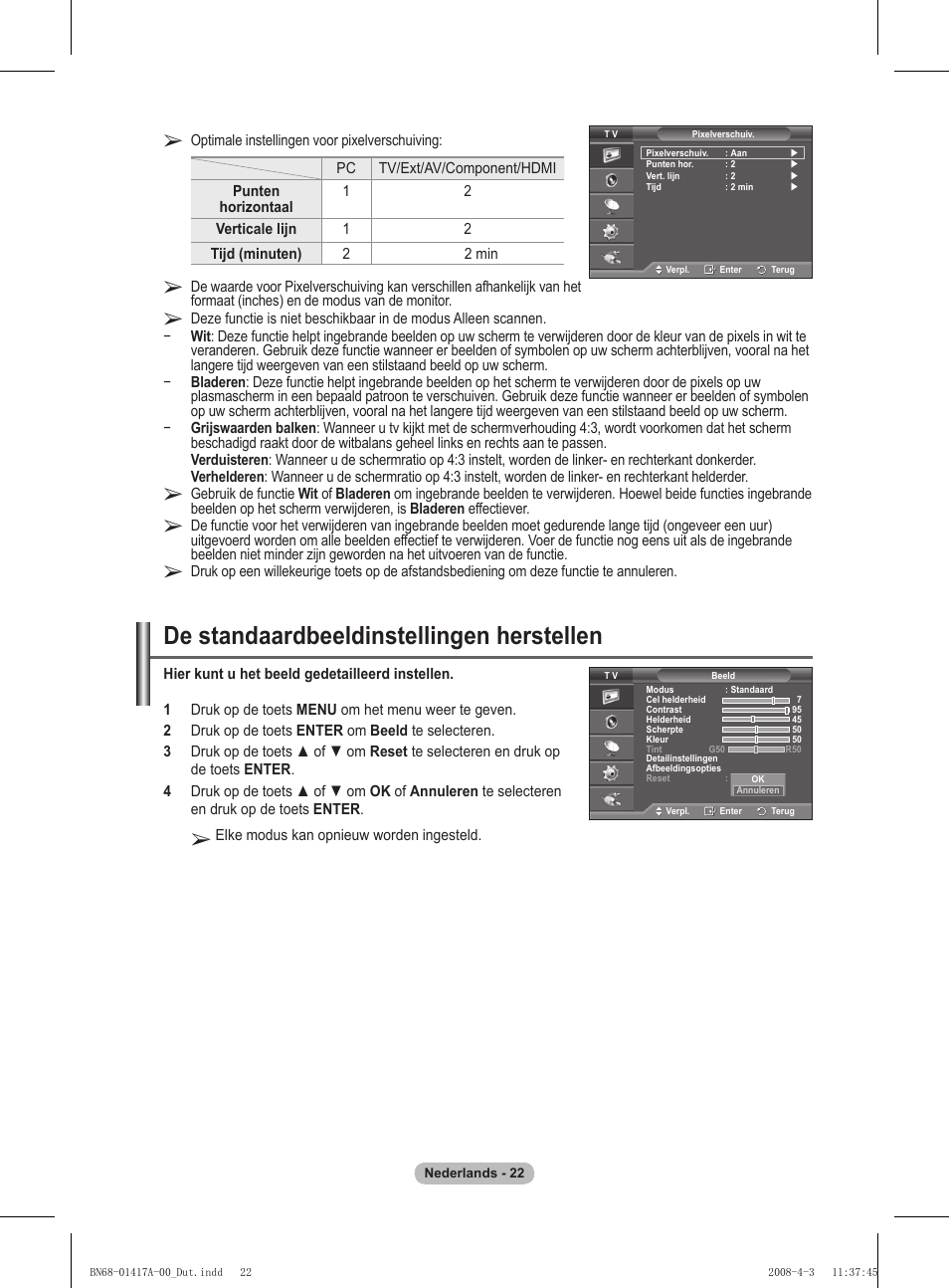 De standaardbeeldinstellingen herstellen | Samsung PS50A451P1 User Manual | Page 143 / 483