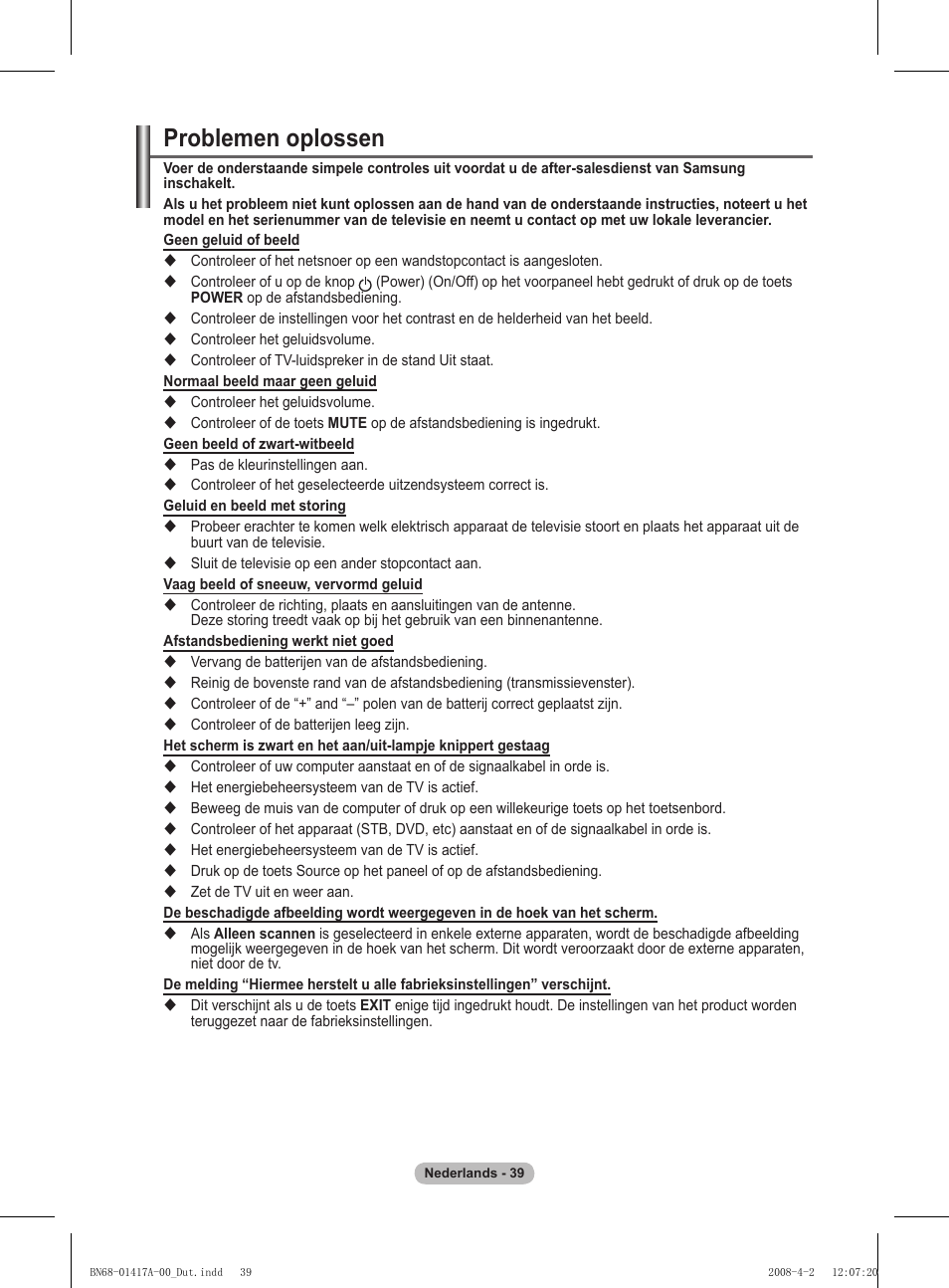 Problemen oplossen | Samsung PS50A451P1 User Manual | Page 160 / 483