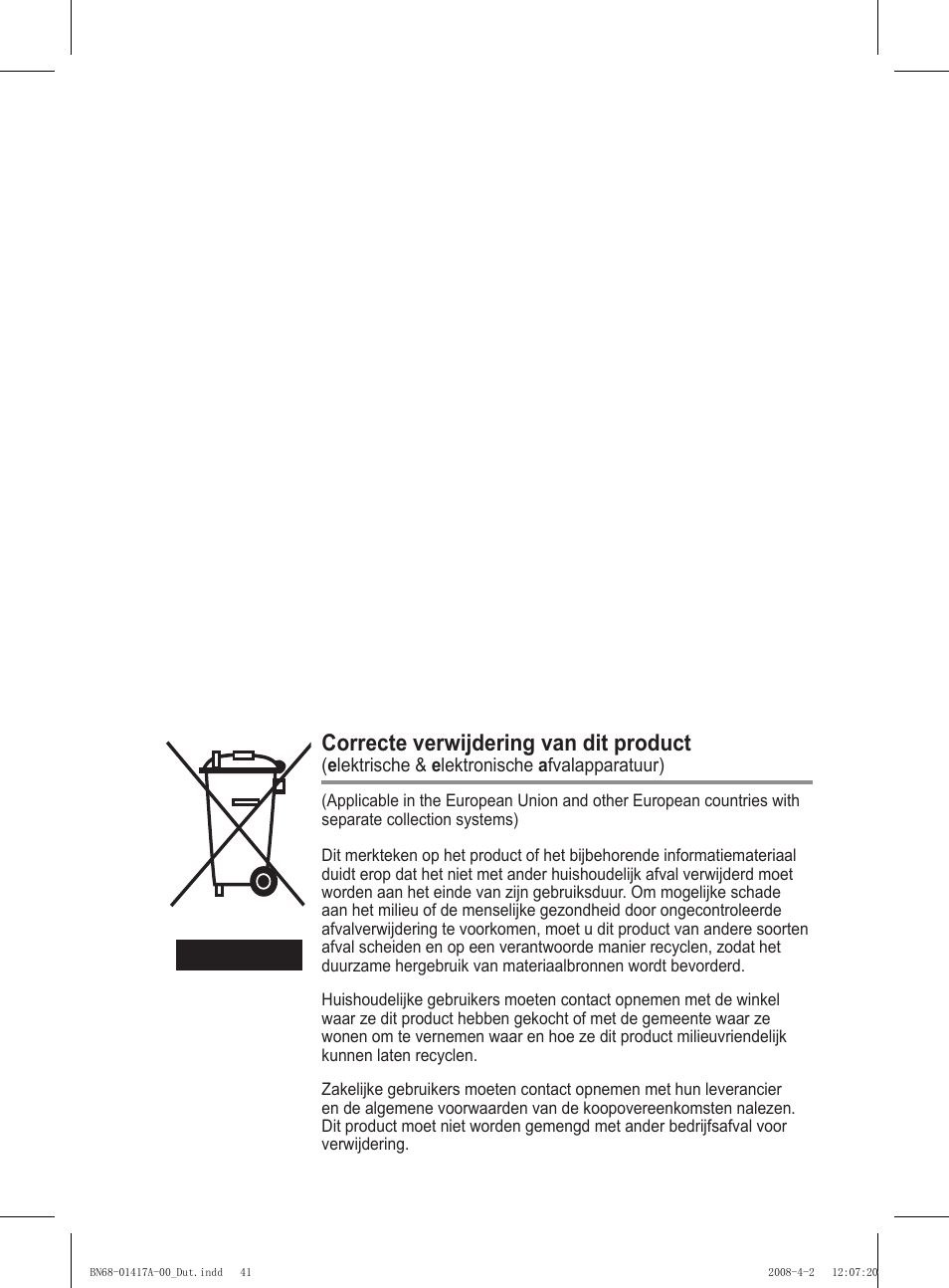 Correcte verwijdering van dit product | Samsung PS50A451P1 User Manual | Page 162 / 483