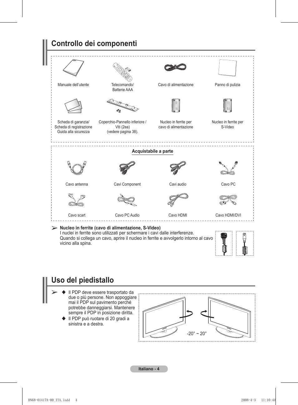 Uso del piedistallo, Controllo dei componenti | Samsung PS50A451P1 User Manual | Page 165 / 483
