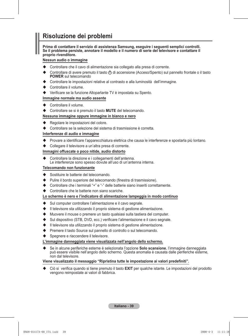 Risoluzione dei problemi | Samsung PS50A451P1 User Manual | Page 200 / 483