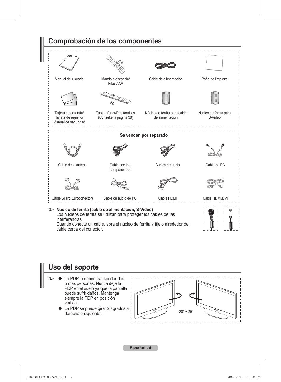 Uso del soporte, Comprobación de los componentes | Samsung PS50A451P1 User Manual | Page 206 / 483