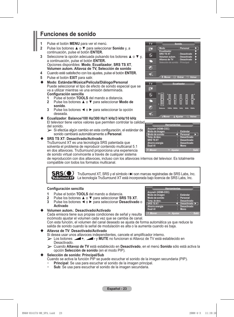 Funciones de sonido | Samsung PS50A451P1 User Manual | Page 225 / 483