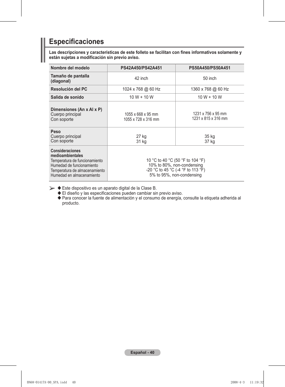 Especificaciones | Samsung PS50A451P1 User Manual | Page 242 / 483