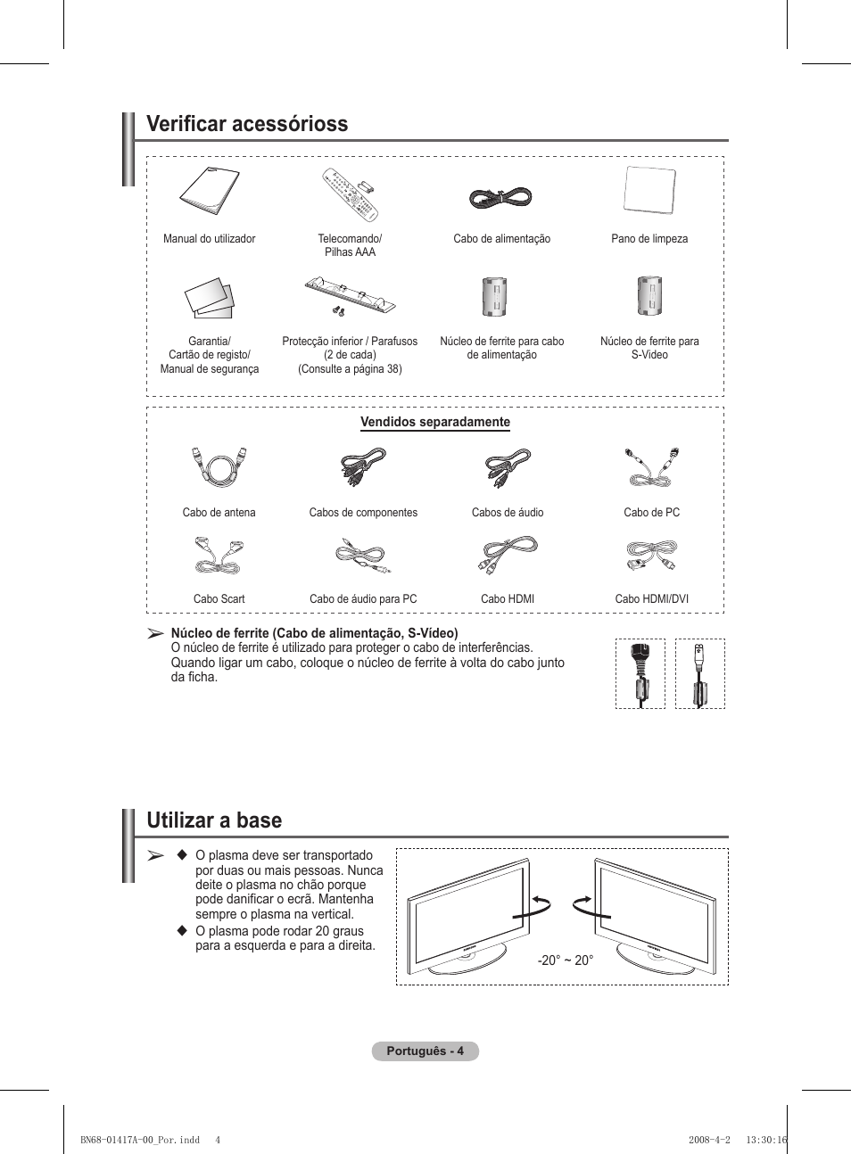 Utilizar a base, Verificar acessórioss | Samsung PS50A451P1 User Manual | Page 246 / 483