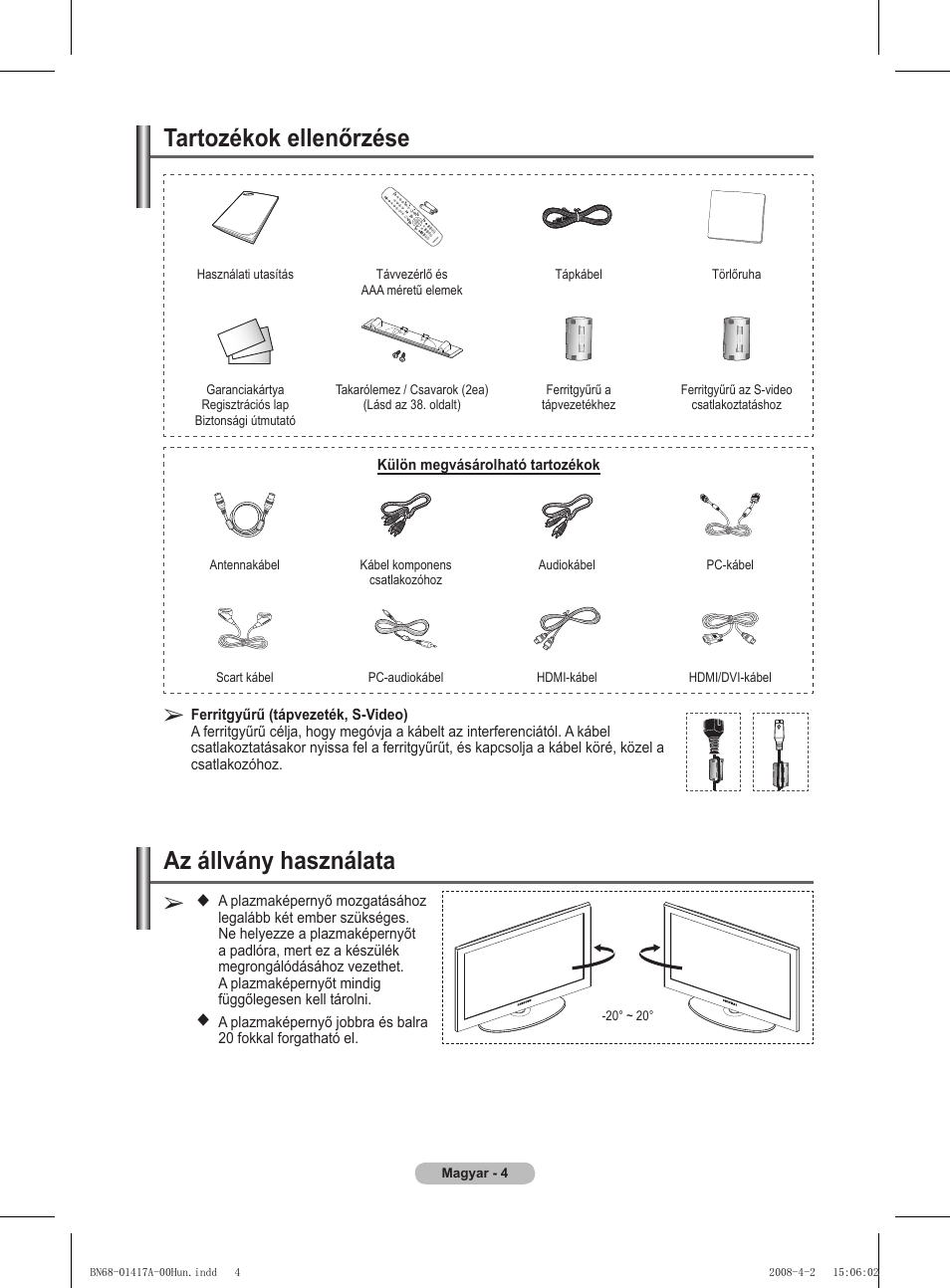 Tartozékok ellenőrzése, Az állvány használata | Samsung PS50A451P1 User Manual | Page 286 / 483