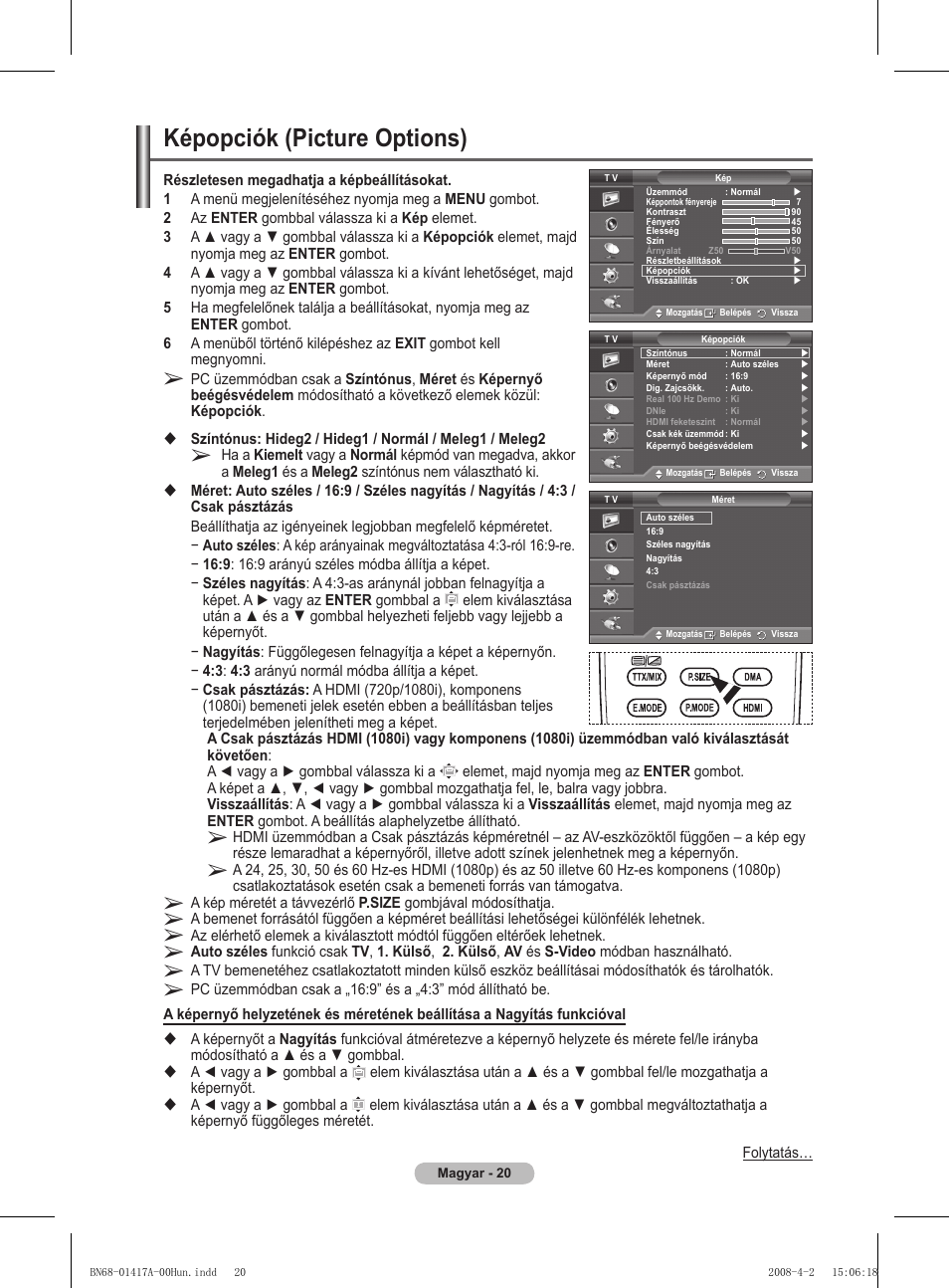 Képopciók (picture options) | Samsung PS50A451P1 User Manual | Page 302 / 483