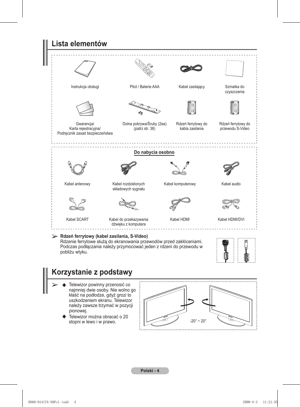 Lista elementów, Korzystanie z podstawy | Samsung PS50A451P1 User Manual | Page 326 / 483