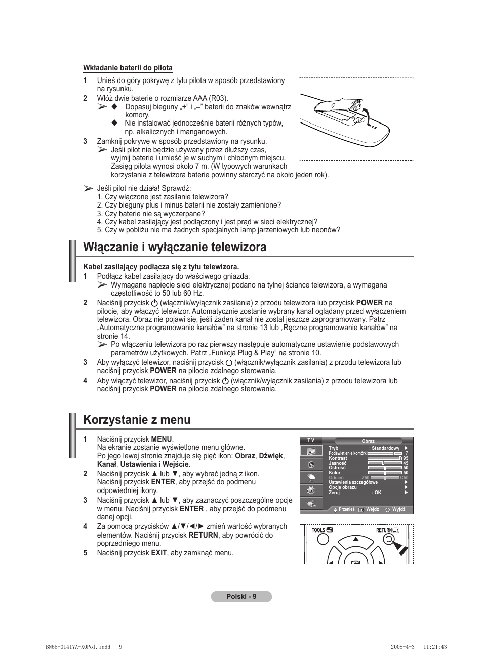 Włączanie i wyłączanie telewizora, Korzystanie z menu | Samsung PS50A451P1 User Manual | Page 331 / 483