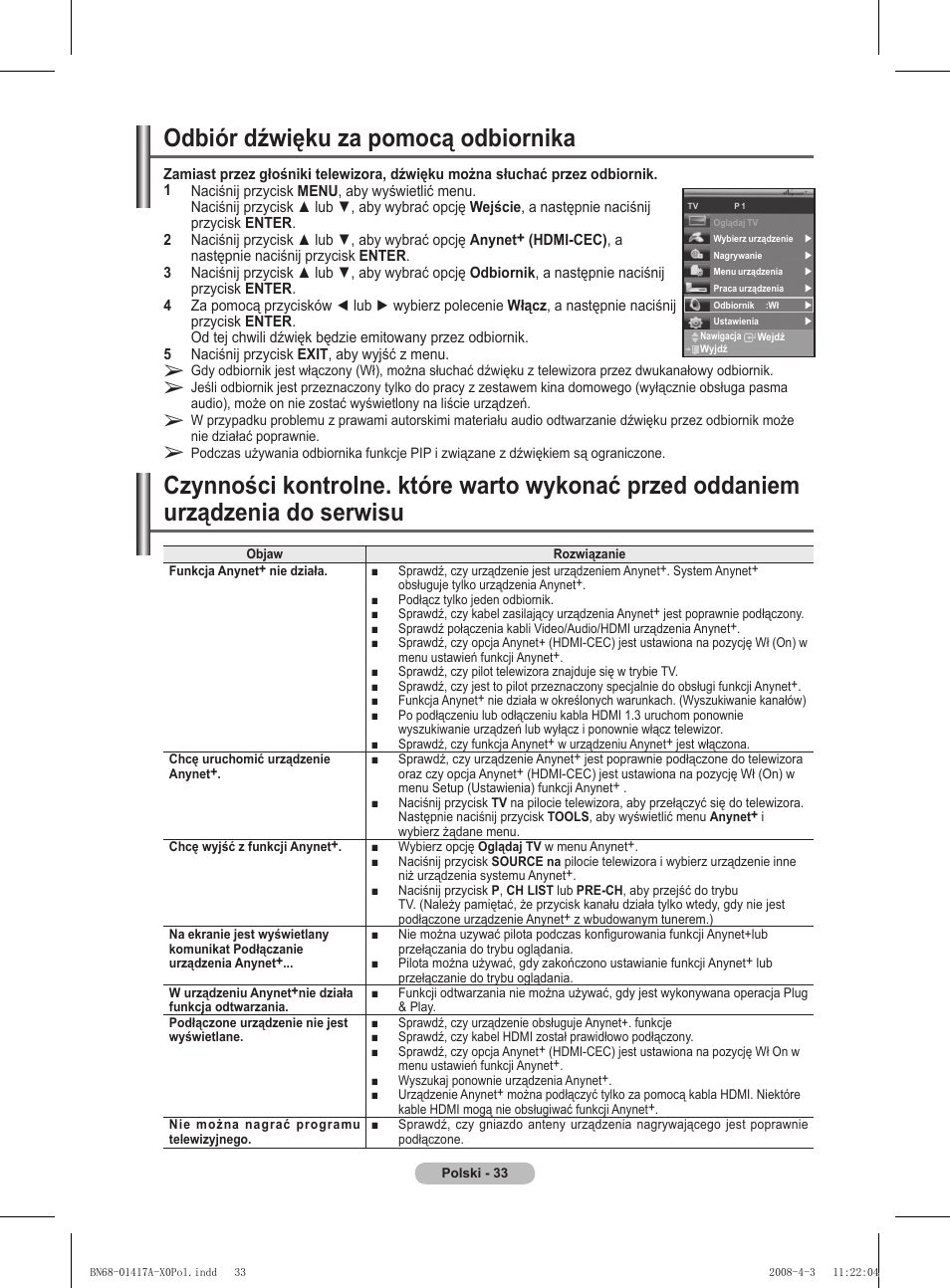 Odbiór dźwięku za pomocą odbiornika | Samsung PS50A451P1 User Manual | Page 355 / 483