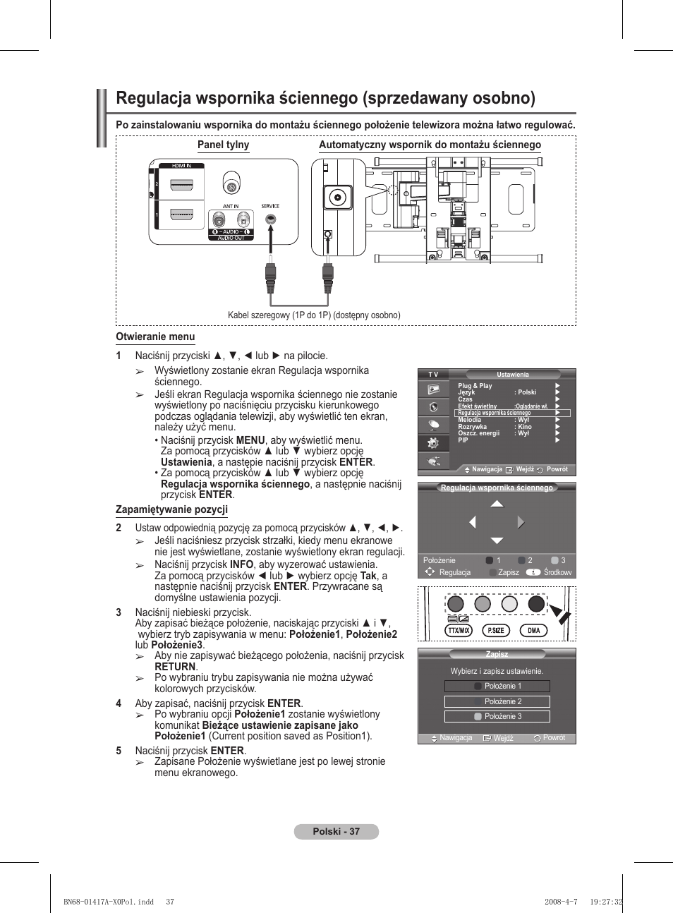 Regulacja wspornika ściennego (sprzedawany osobno) | Samsung PS50A451P1 User Manual | Page 359 / 483