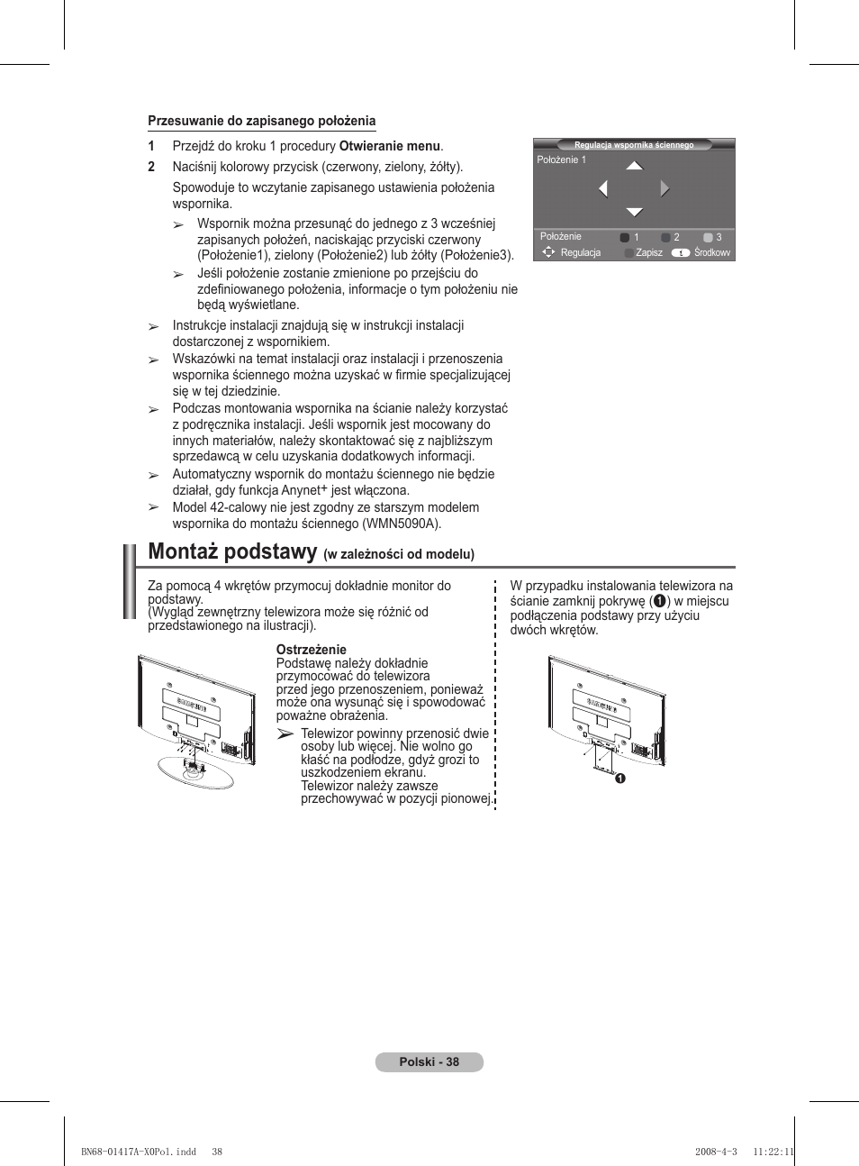 Montaż podstawy | Samsung PS50A451P1 User Manual | Page 360 / 483