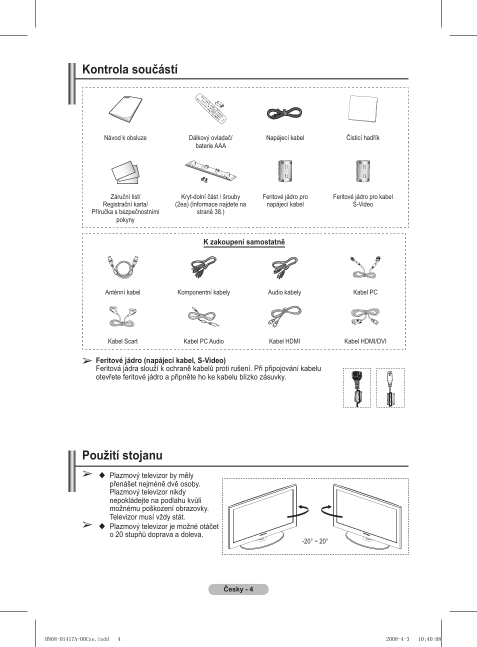 Kontrola součástí, Použití stojanu | Samsung PS50A451P1 User Manual | Page 366 / 483