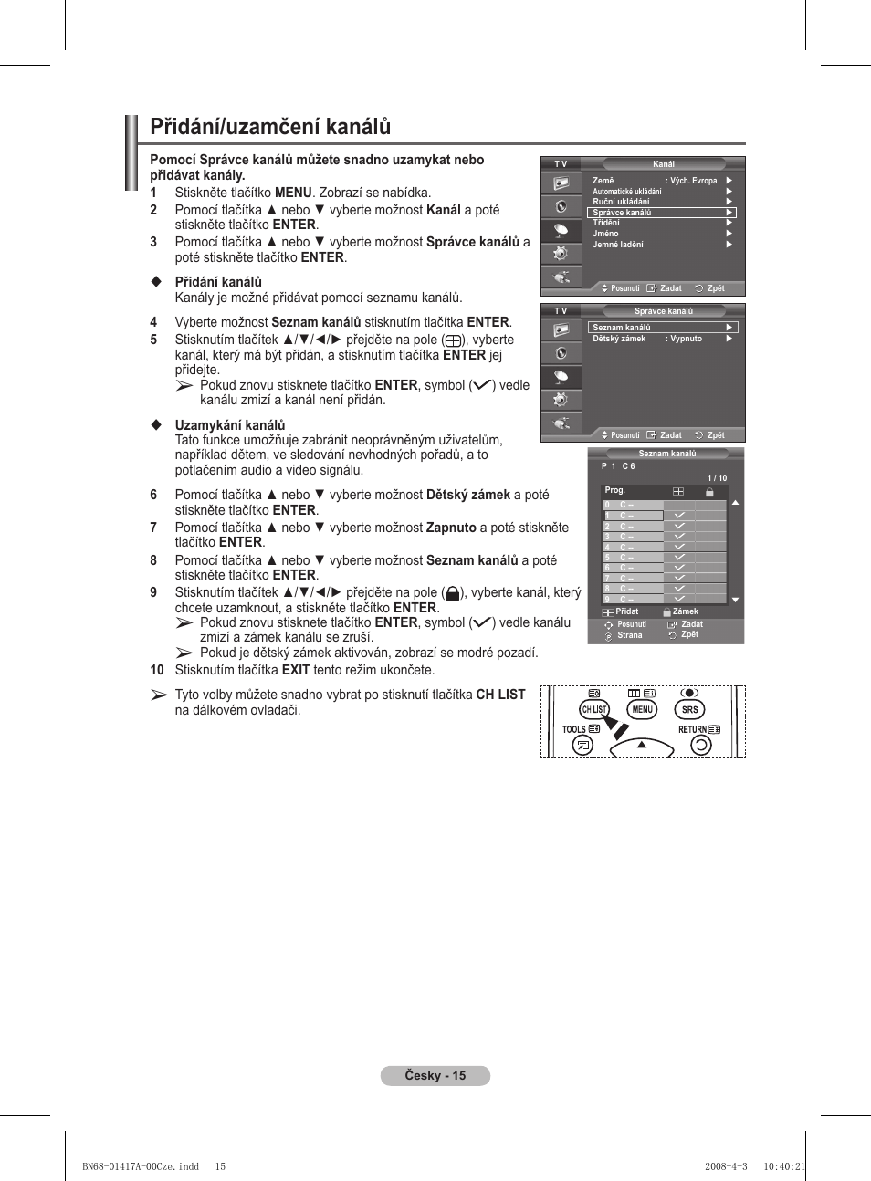 Přidání/uzamčení kanálů | Samsung PS50A451P1 User Manual | Page 377 / 483
