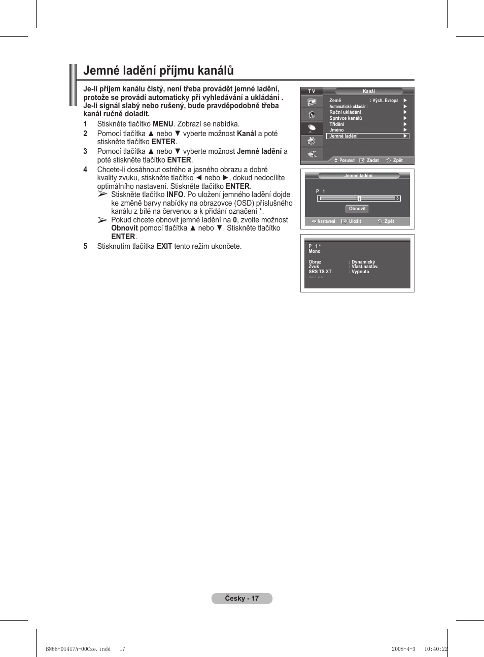 Jemné ladění příjmu kanálů | Samsung PS50A451P1 User Manual | Page 379 / 483