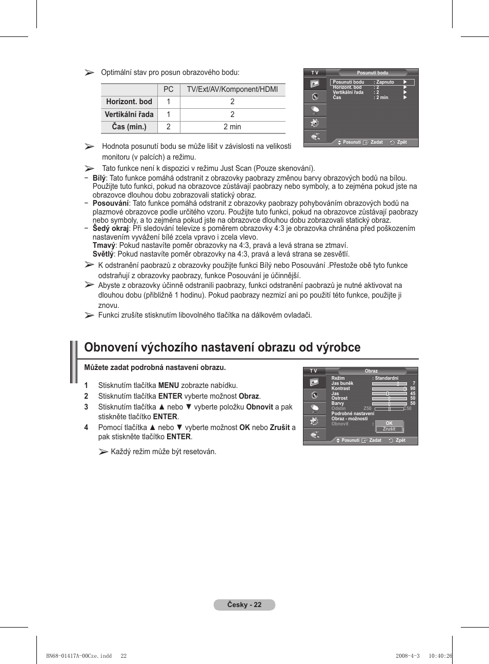 Obnovení výchozího nastavení obrazu od výrobce | Samsung PS50A451P1 User Manual | Page 384 / 483