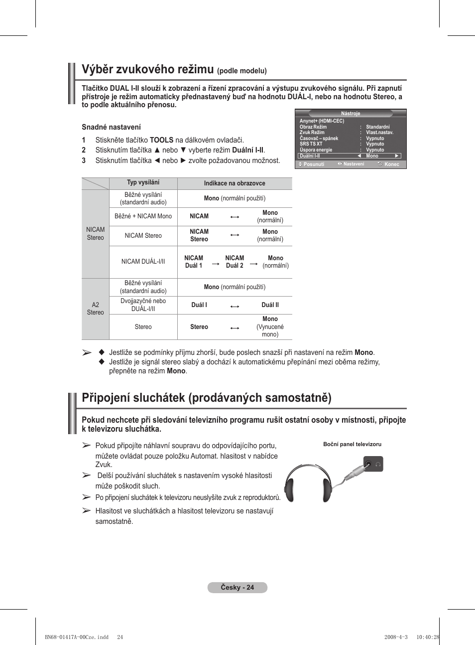 Výběr zvukového režimu, Připojení sluchátek (prodávaných samostatně) | Samsung PS50A451P1 User Manual | Page 386 / 483