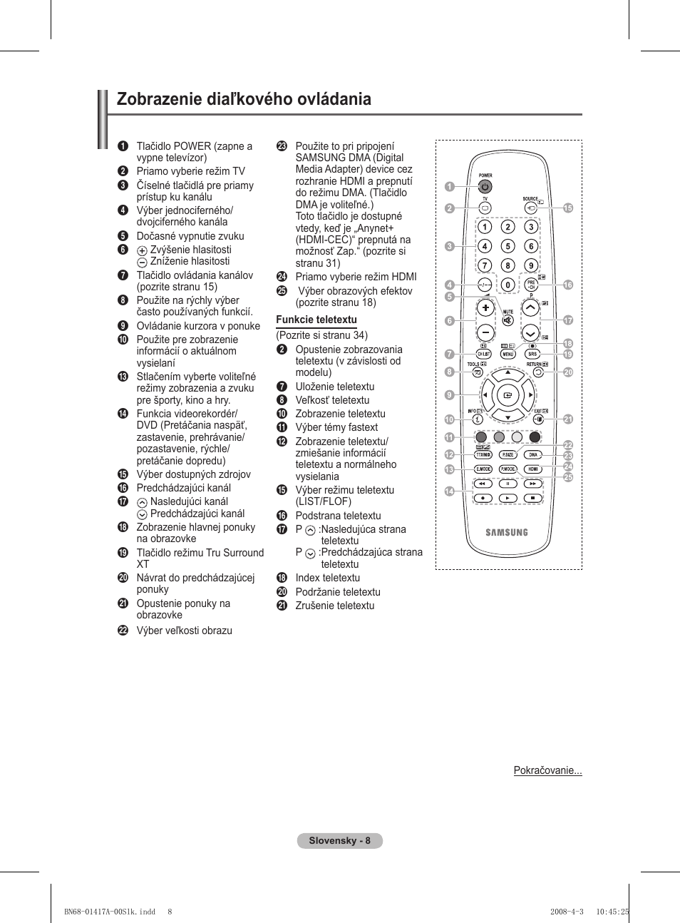 Zobrazenie diaľkového ovládania | Samsung PS50A451P1 User Manual | Page 410 / 483