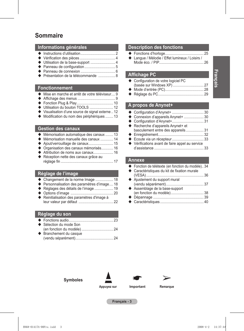 Sommaire | Samsung PS50A451P1 User Manual | Page 44 / 483