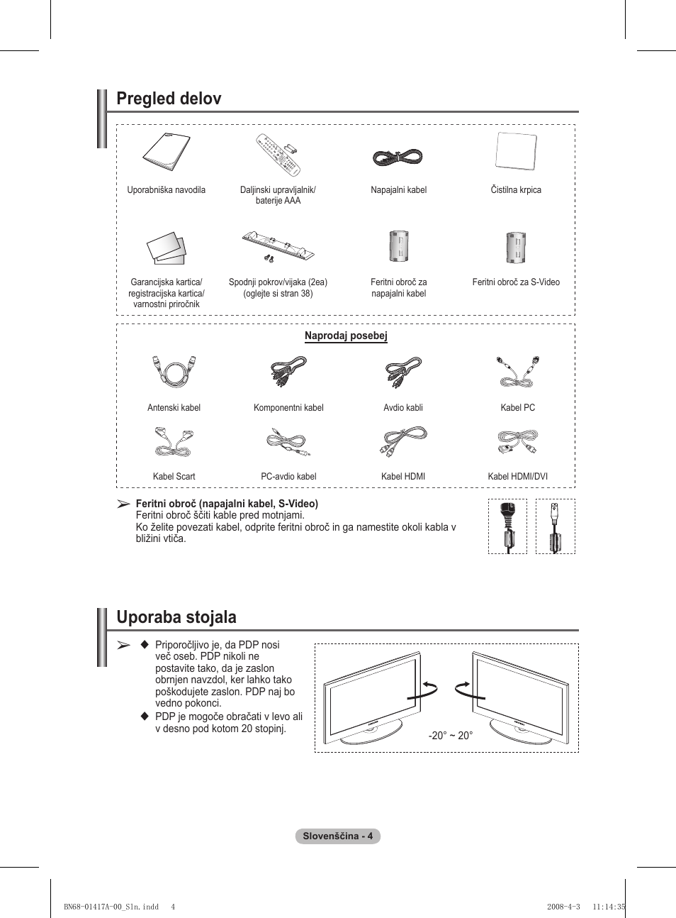 Uporaba stojala, Pregled delov | Samsung PS50A451P1 User Manual | Page 446 / 483