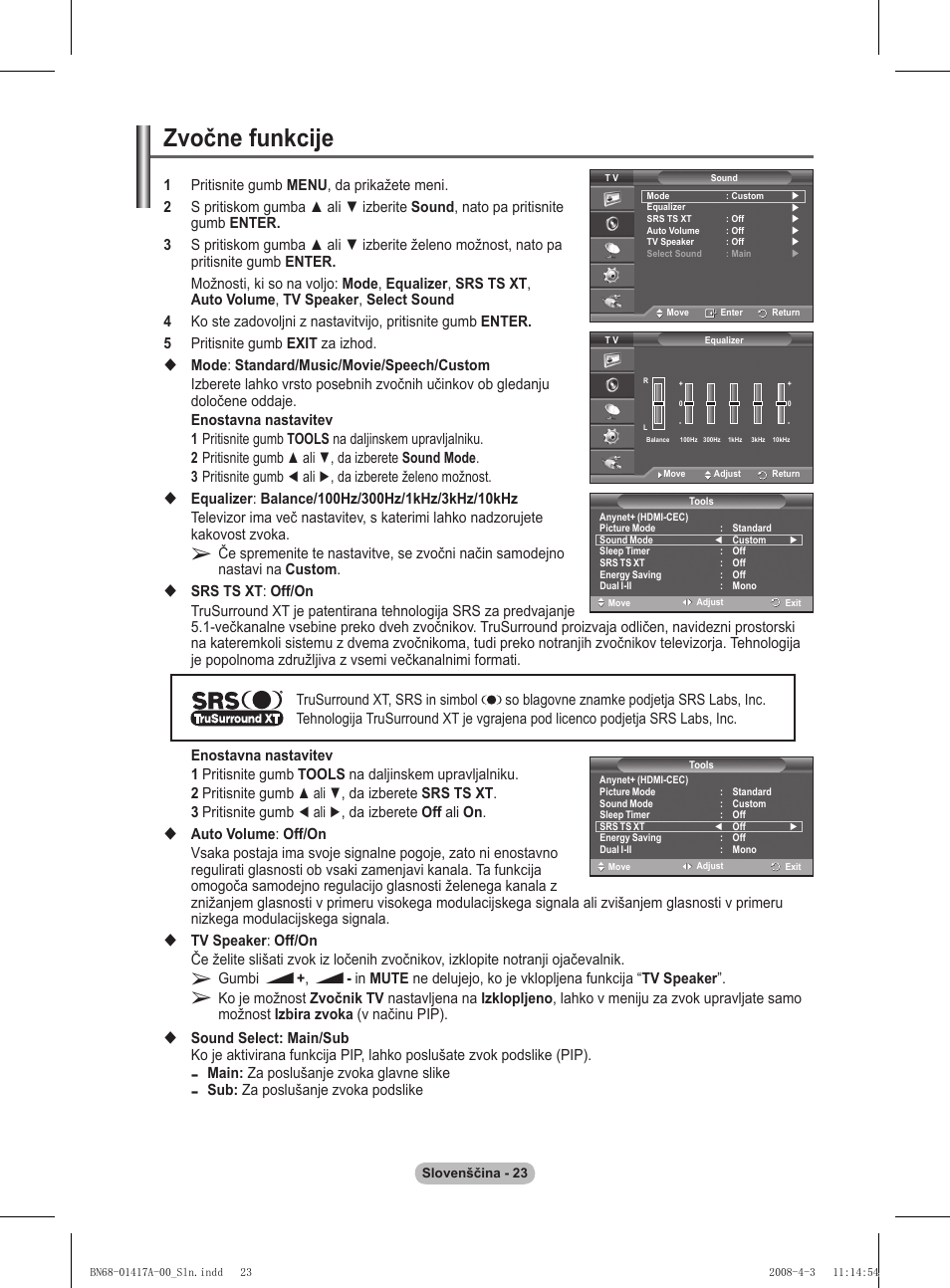 Zvočne funkcije | Samsung PS50A451P1 User Manual | Page 465 / 483