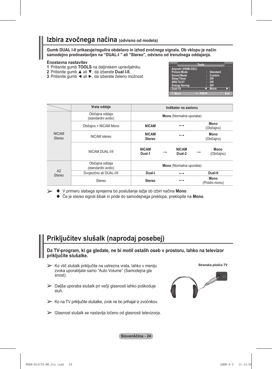 Izbira zvočnega načina, Priključitev slušalk (naprodaj posebej) | Samsung PS50A451P1 User Manual | Page 466 / 483