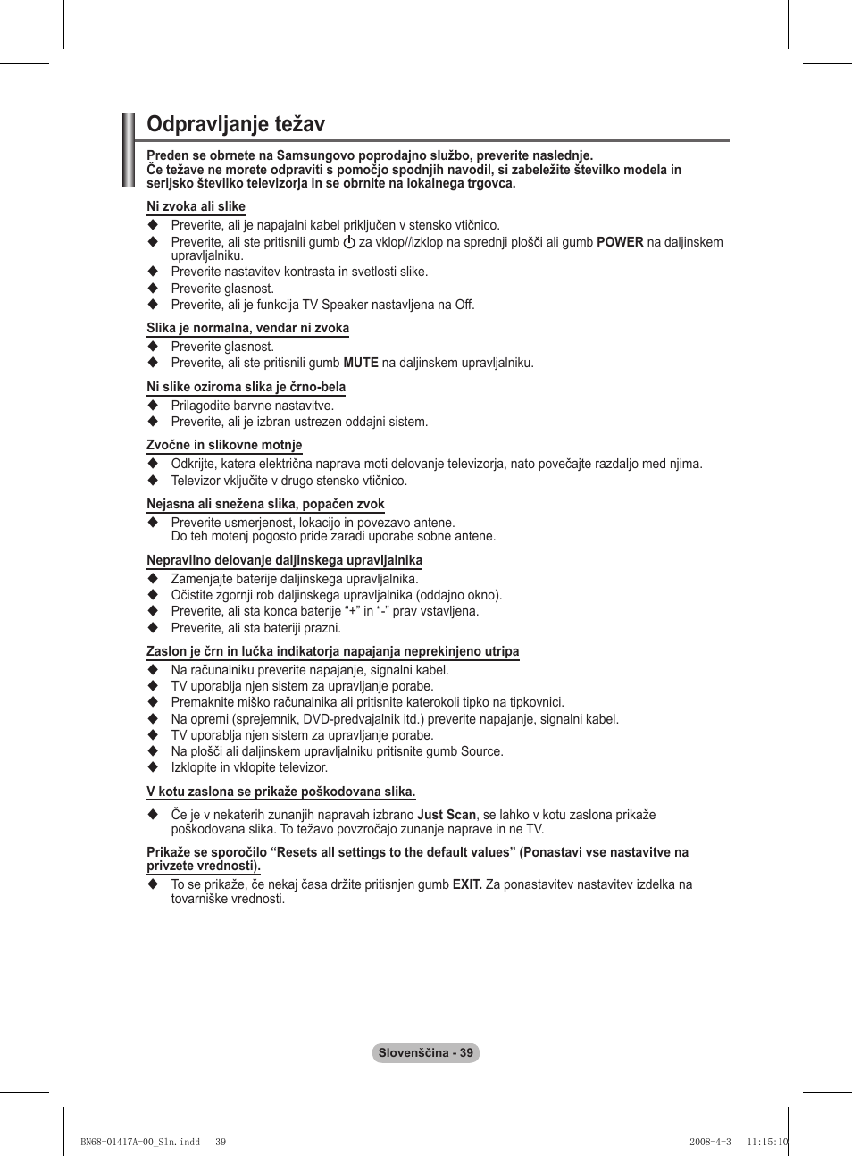 Odpravljanje težav | Samsung PS50A451P1 User Manual | Page 481 / 483
