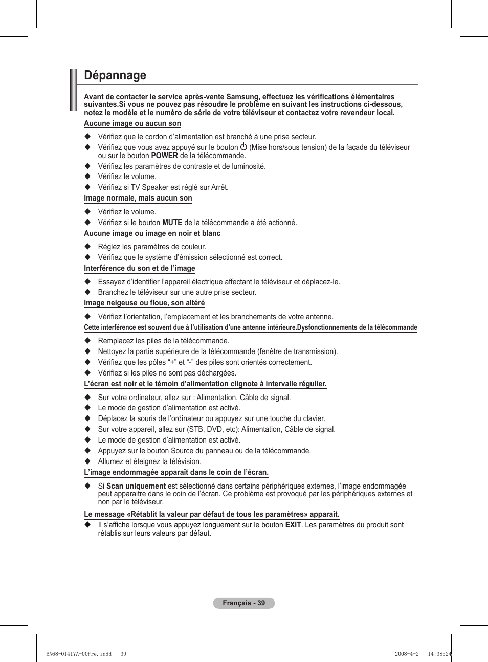 Dépannage | Samsung PS50A451P1 User Manual | Page 80 / 483