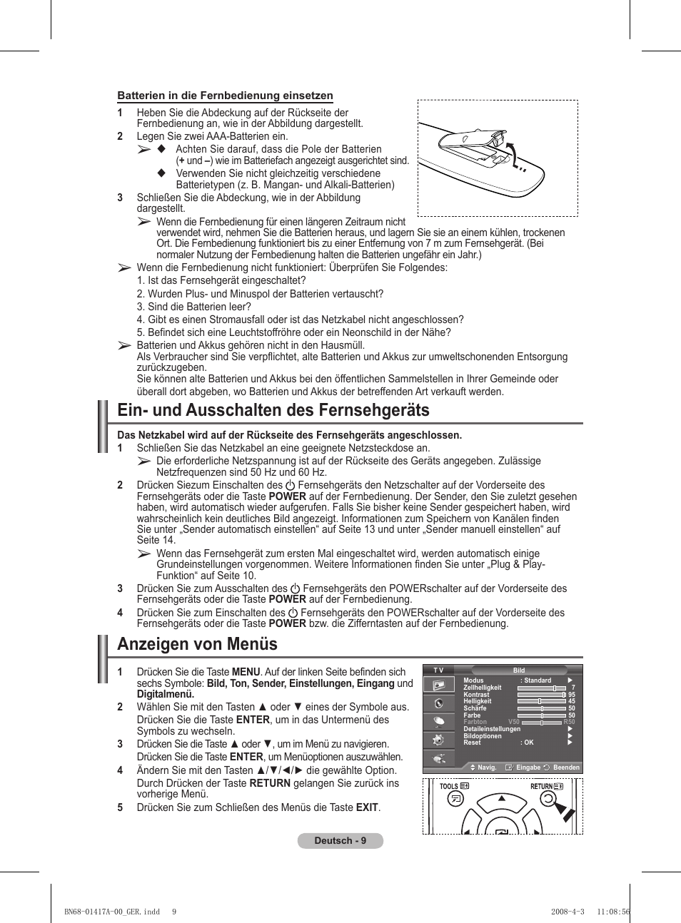 Ein- und ausschalten des fernsehgeräts, Anzeigen von menüs | Samsung PS50A451P1 User Manual | Page 90 / 483