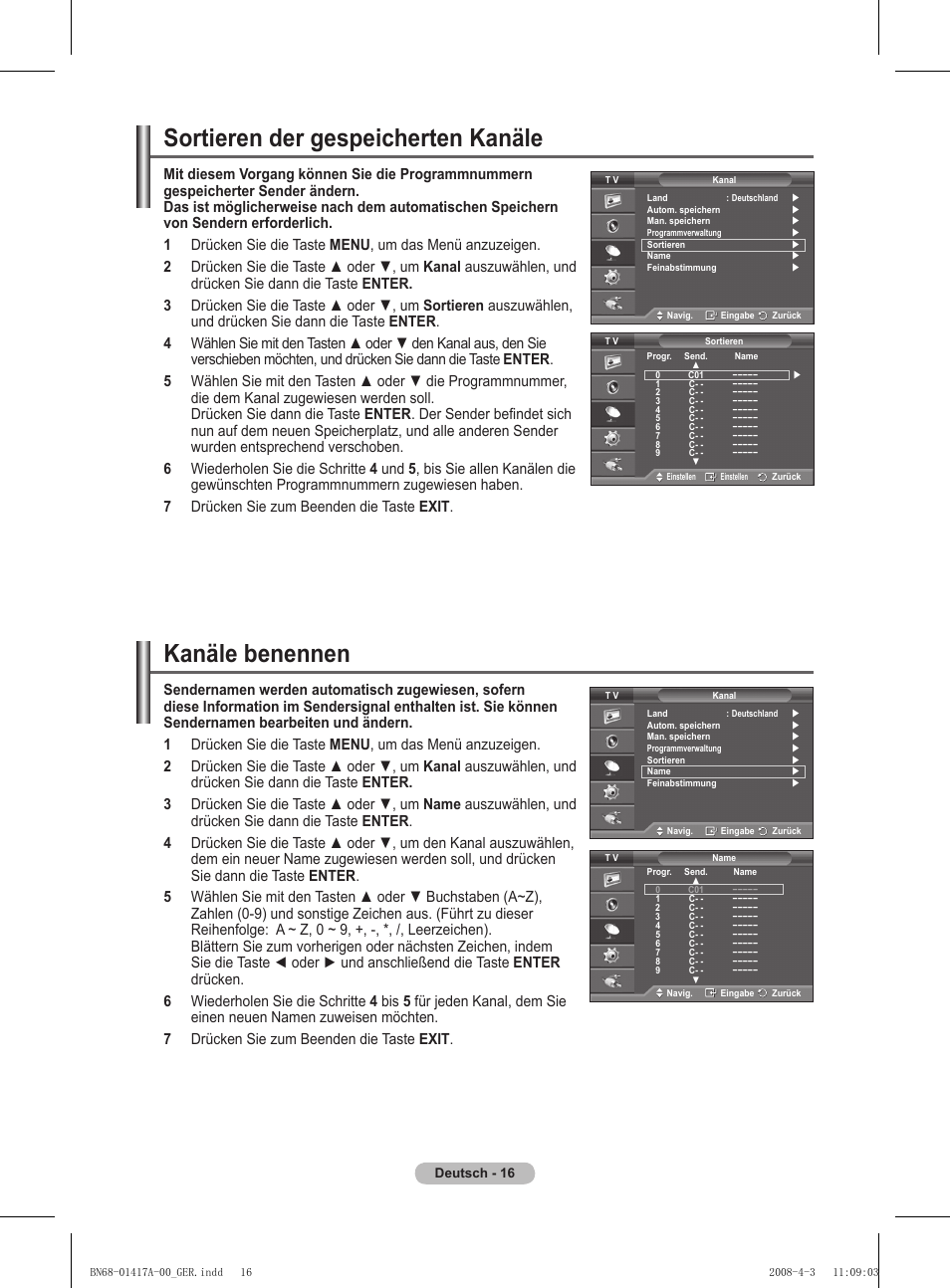 Sortieren der gespeicherten kanäle, Kanäle benennen | Samsung PS50A451P1 User Manual | Page 97 / 483