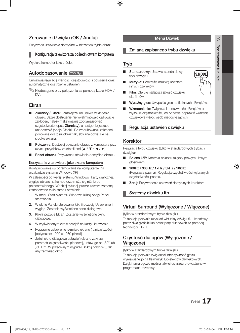 Zerowanie dźwięku (ok / anuluj), Autodopasowanie, Ekran | Tryb, Korektor, Virtual surround (wyłączone / włączone), Czystość dialogów (wyłączone / włączone) | Samsung UE32C4000PW User Manual | Page 101 / 421